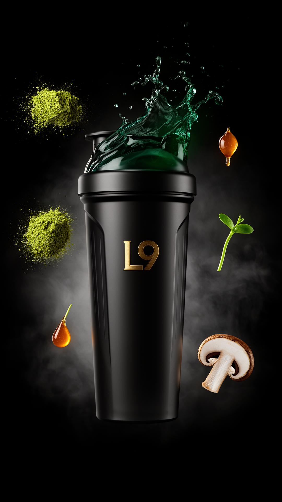 Formula L9 matte black shaker bottle with emerald liquid and surrounding botanical ingredients